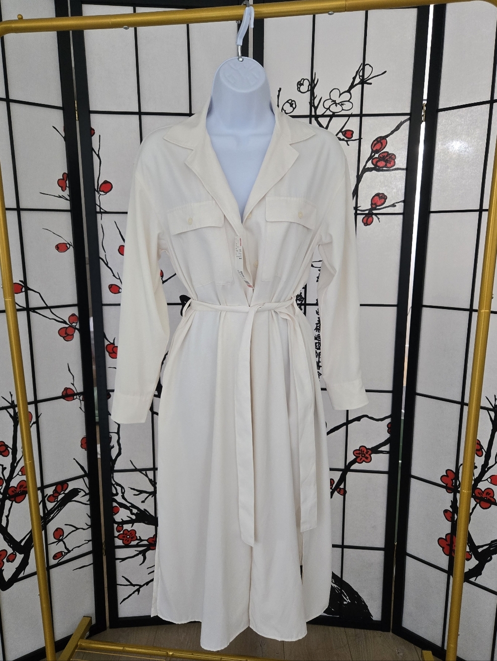 Uniqlo Cream Long-Sleeve Tie-Waist Shirt Dress